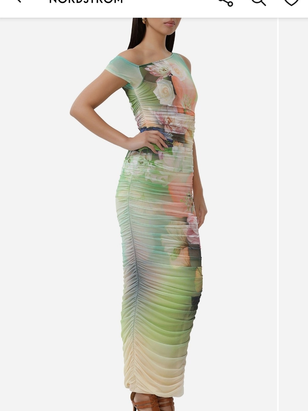 AFRM Floral Ombre Ruched Maxi Dress in Green and Peach